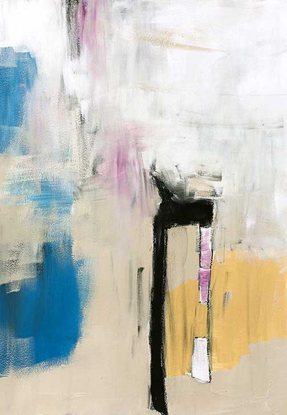 Expressive color field painting in mustard, blush, and cobalt tones with layered brushwork and emotional depth.