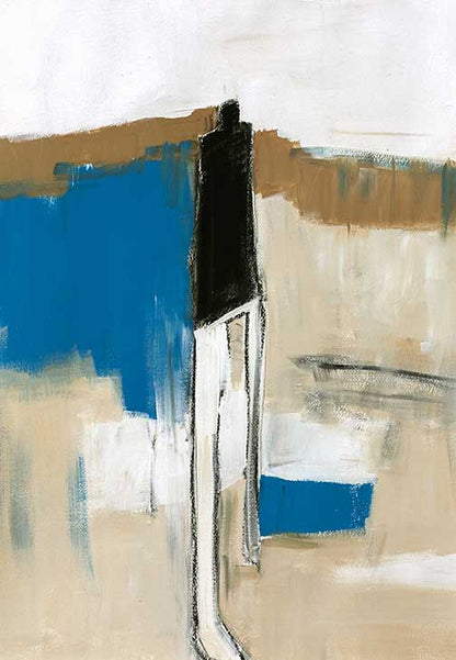 Modern color abstraction in mustard, blush, and cobalt tones, featuring expressive brushwork and minimalist balance.