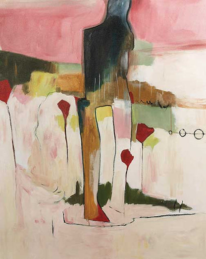 Expressive abstract painting with vibrant figure in reds, greens, and blush tones, evoking playfulness and poetic energy.