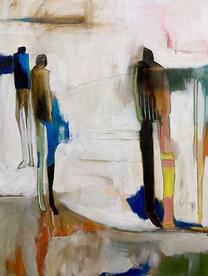 Surreal figurative painting with vibrant figure in red, green, and blush tones, evoking emotion and dreamlike energy.