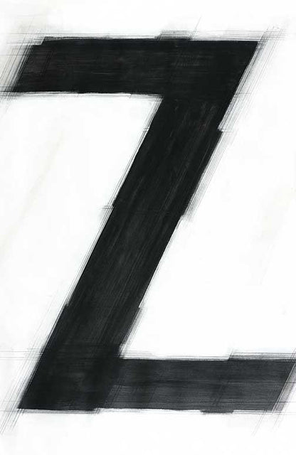 Minimalist typographic painting with graphite “Z” and layered lines, evoking motion, contrast, and modern graphic energy.