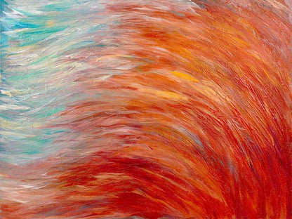 Fluid abstract painting in fiery red and cool aqua tones, evoking motion, energy, and dynamic oceanic flow.