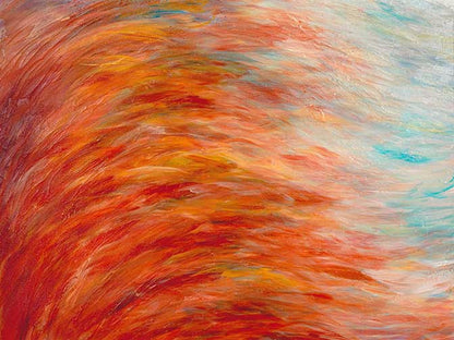 Dynamic ocean-inspired art with fiery red and cool aqua tones, evoking coral movement, rhythm, and natural energy.