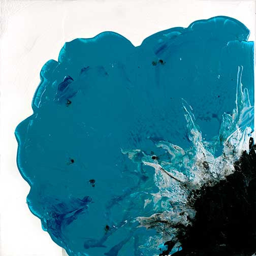 Organic ink painting in deep cyan and black, resembling a bloom or splash, evoking natural energy and motion.