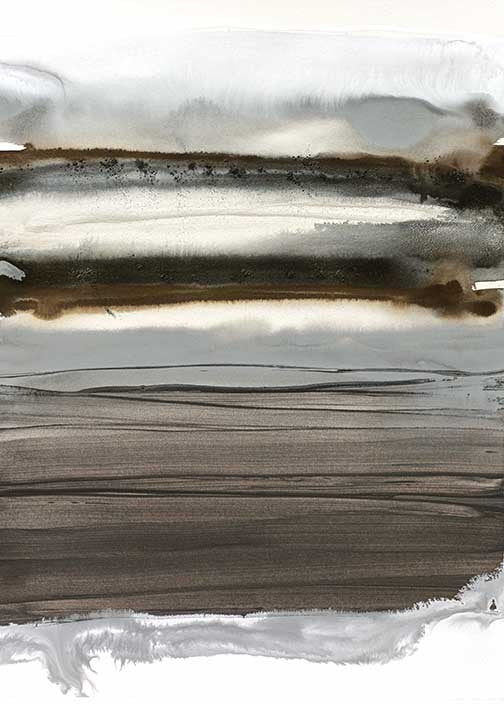 Earthy watercolor abstraction in charcoal, taupe, and white tones, evoking landscapes, movement, and meditative calm.
