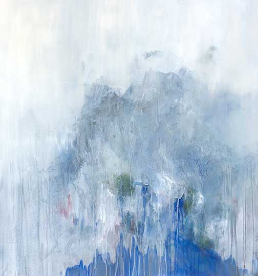 Abstract coral art in misty blue, white, and subtle green layers, creating an ethereal and contemplative ocean-inspired painting.