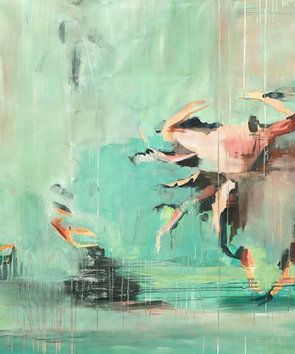 Abstract ocean art with soft layers of icy blue, pale white, and submerged green, evoking coral and fluid underwater movement.