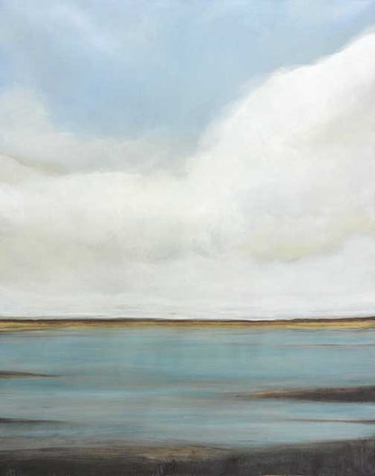 Serene landscape painting in soft sky blues and muted earth tones, evoking calm, stillness, and minimalist balance.