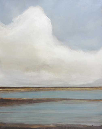 Minimalist horizon painting in soft sky blues and muted earth tones, evoking calm, stillness, and natural balance.