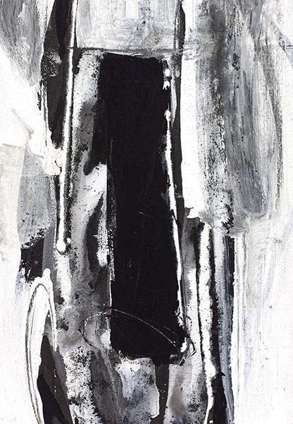 Monochrome abstract art with high contrast black-and-white textures and vertical forms, evoking chaos and clarity.
