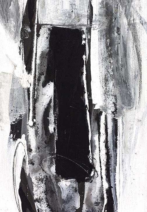 Monochrome abstract art with high contrast black-and-white textures and vertical forms, evoking chaos and clarity.