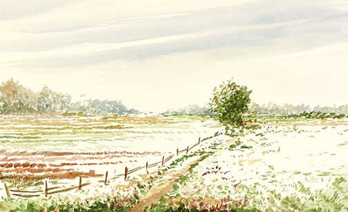Serene watercolor landscape with golden fields, greenery, and a calm stream painted in soft, light tones.