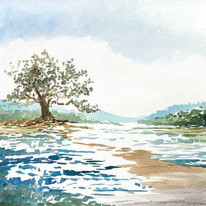Serene nature painting with a tree and winding river in blue, green, and earthy tones, calm and luminous.