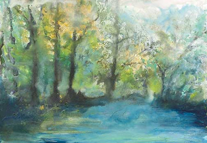 Dreamy abstract landscape in soft blues and greens, evoking diffused light, calm, and ethereal atmosphere.