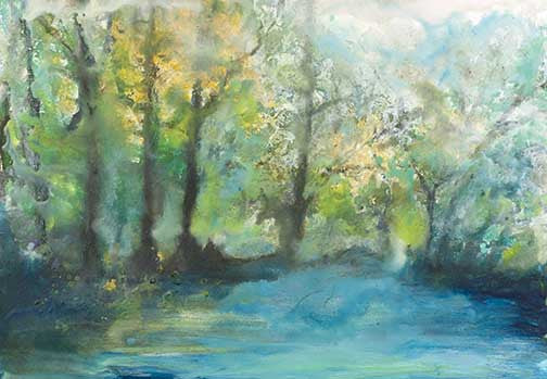 Dreamy abstract landscape in soft blues and greens, evoking diffused light, calm, and ethereal atmosphere.