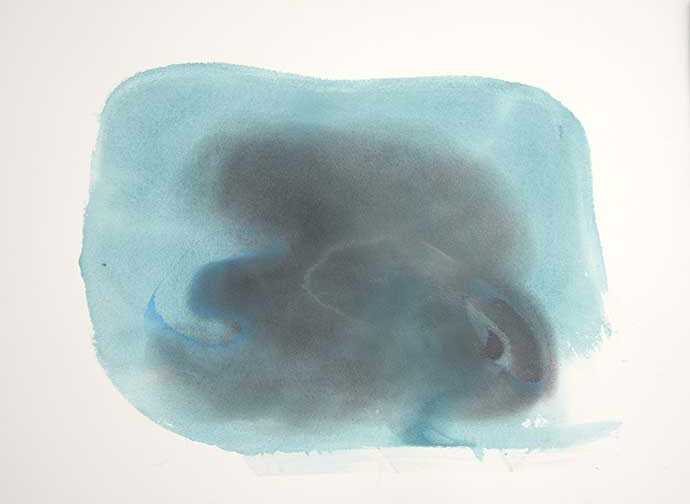 Neutral watercolor painting in soft grey, blue, and natural tones with gentle abstract layers.