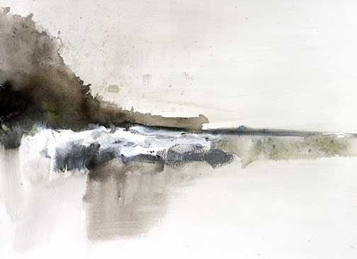 Minimal abstract seascape with soft grays and muted browns over a hazy shoreline.