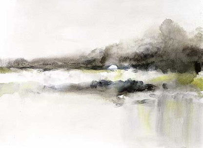 Moody abstract seascape with soft gray and brown tones over a hazy shoreline.