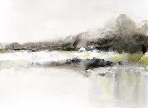 Moody abstract seascape with soft gray and brown tones over a hazy shoreline.