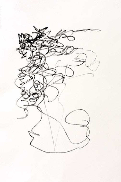 Expressive line drawing with abstract black scribbles showing motion and energy.