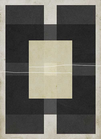 Geometric abstract artwork with black and taupe blocks divided by a white line symbolizing balance and contrast.