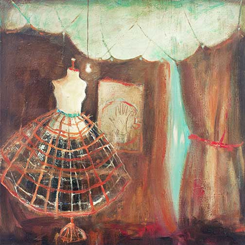 Dreamy figurative painting of dress forms in golden light with textured backdrop and soft ethereal tones.