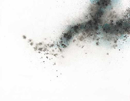 Teal abstract painting with soft black pigment drifting across a white background.