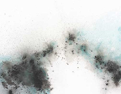 Atmospheric abstract painting with teal and black pigment drifting on a white background.