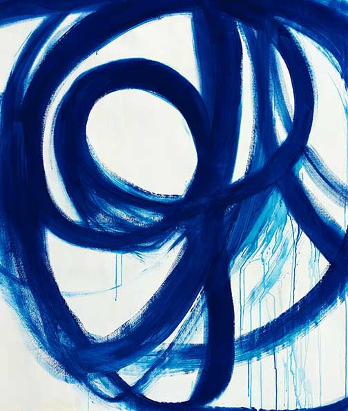 Dynamic abstract painting featuring deep cobalt blue loops and sweeping brushstrokes.