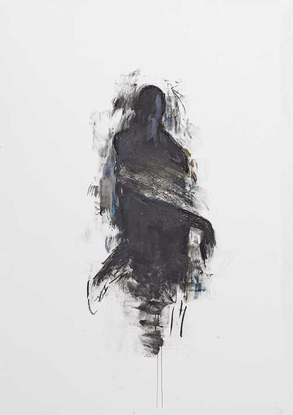 Minimal figurative abstract with smoky black and blue brushwork on a white background.