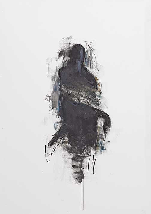 Minimal figurative abstract with smoky black and blue brushwork on a white background.