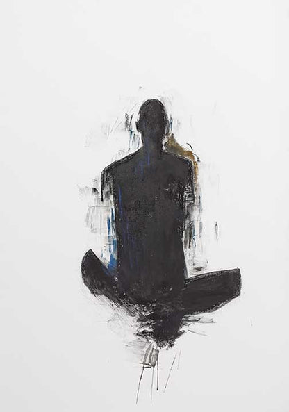 Haunting abstract portrait with smoky black and blue brushwork on a white background.