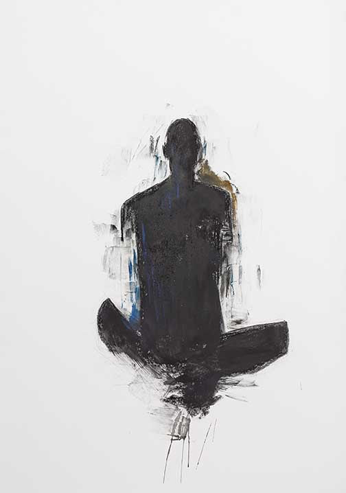 Haunting abstract portrait with smoky black and blue brushwork on a white background.