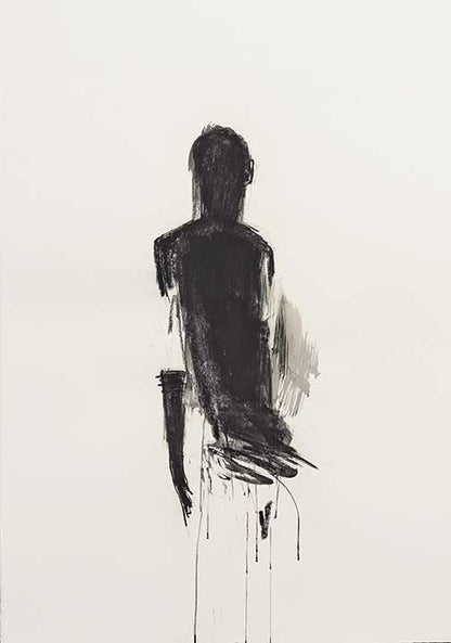 Emotive abstract figure with smoky black and blue brushwork on a white background.