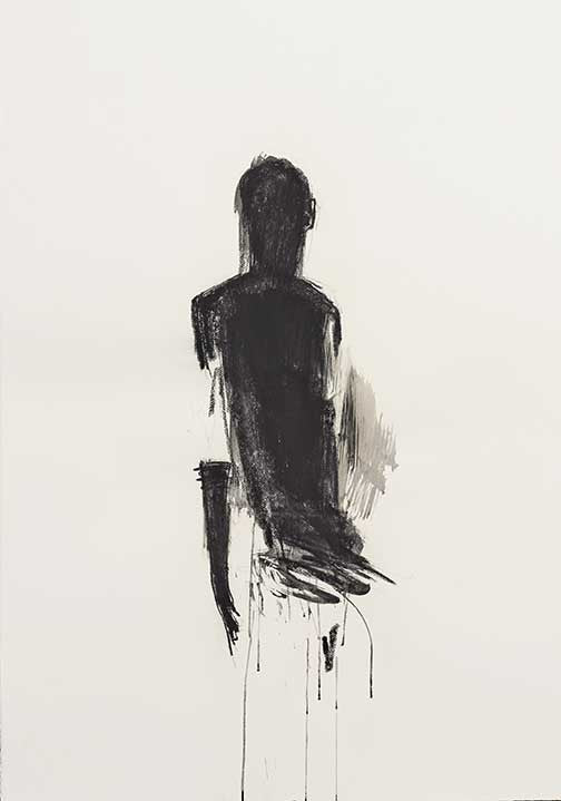 Emotive abstract figure with smoky black and blue brushwork on a white background.