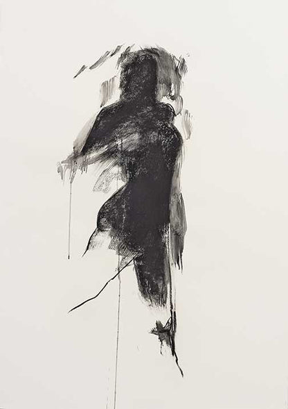 Minimal ghostlike portrait with smoky black and blue brushwork on a white background.