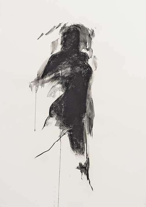 Minimal ghostlike portrait with smoky black and blue brushwork on a white background.