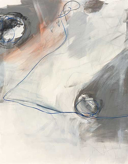 Expressive modern abstract with gray and peach smears and electric blue linework.