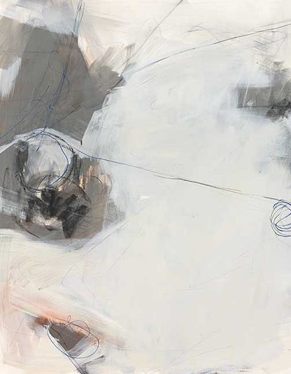 Modern linework abstract featuring gray and peach smears with bold electric blue lines.