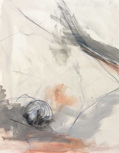 Abstract tension artwork with gray and peach smears and electric blue linework.