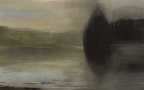 Moody abstract landscape with olive greens, smoky greys, soft golds, and a lone dark form.