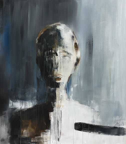 Abstract shadow figure emerging in gray, brown, and white tones, half-formed and atmospheric.