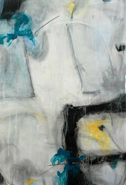 Gestural monochrome artwork with bold black Xs and a sweeping white stroke suspended in pale turbulence.