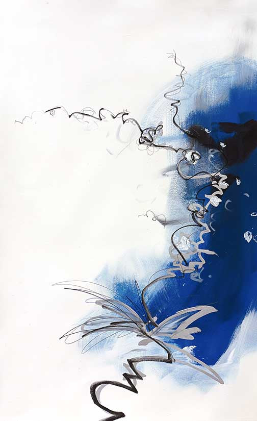 Bold strokes of cobalt blue ignite a whirlwind of curling black lines—movement ascends, delicate yet fierce, across a sea of white in this cobalt motion abstract.