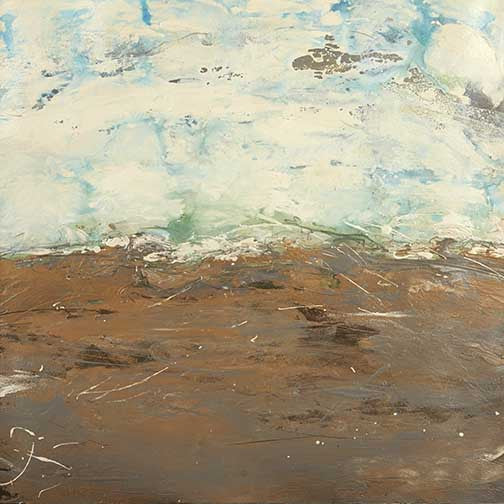 Earthy textured abstract with thick layers, warm tones, and swirling creams and soft blues.