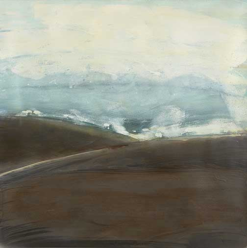 Earthy abstract landscape with textured browns and a sky of swirling creams and soft blues.