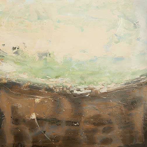 Sunlit abstract terrain artwork blending soft greens, creams, and ochres in a warm, atmospheric haze.