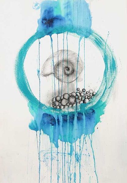 Graphite nautilus spiraling inside a dripping aqua ring with bubbles, ink, and oceanic abstract details.