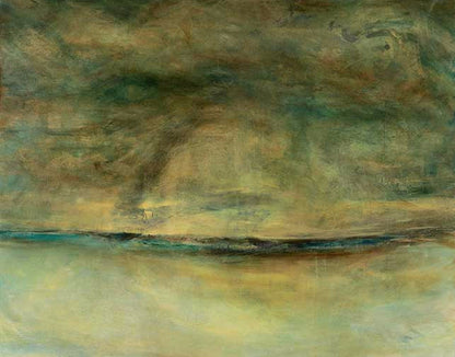 Brooding abstract landscape with a churning sky in murky greens and golden ambers above a faint distant horizon.
