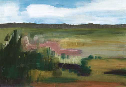 Brushy abstract landscape with greens, ochres, and rose tones fading into a bright blue sky, evoking a soft sunlit field mid-memory.